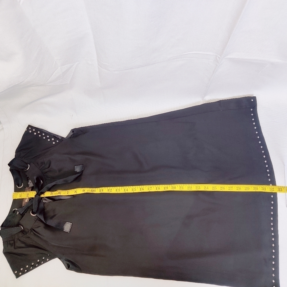 Staccato Black Silky Dress Cap Sleeve Above Knee Laced Tie Bow Collar Studs - Picture 12 of 16